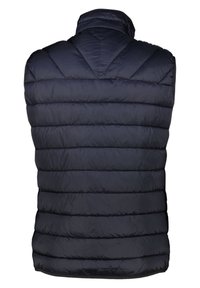 Marineblauwe puffer vest met opstaande kraag, voorzien van horizontaal doorgestikte secties, een gladde textuur en geen zichtbare hardware of zakken.