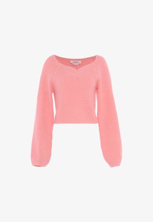 Rosa, kurz geschnittene Sweater mit gerippter Textur, weiten Ärmeln und V-ausschnitt. Verfügt über ein dezentes Muster entlang des Körpers.