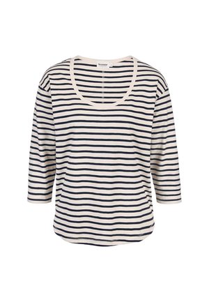 White and navy blue horizontal striped long-sleeve shirt with scoop neckline and curved hem, displayed on a white background.