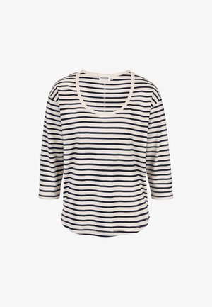 White and navy blue horizontal striped long-sleeve shirt with scoop neckline and curved hem, displayed on a white background.