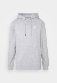 Sudadera gris hecha de una suave mezcla de algodón. Cuenta con un bolsillo delantero, capucha ajustable con cordón y un pequeño logo blanco en el pecho.