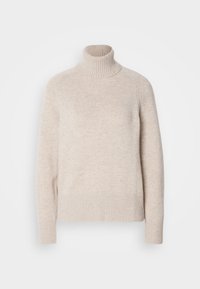 Lichtbeige coltrui met ribgebreide kraag en onderzoom, vervaardigd uit zachte gebreide stof, met lange mouwen en een relaxte pasvorm.