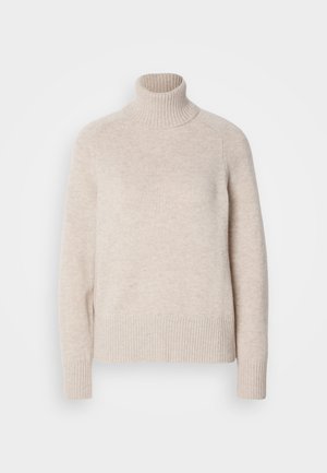 Lichtbeige coltrui met ribgebreide kraag en onderzoom, vervaardigd uit zachte gebreide stof, met lange mouwen en een relaxte pasvorm.