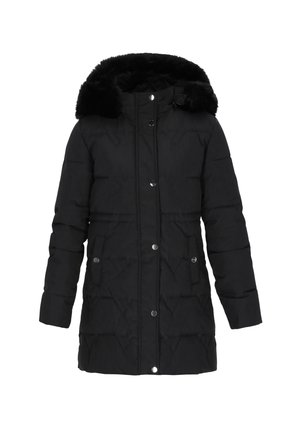 Musta toppatakki, jossa on tekoturkisvuorattu huppu, etuosan nepparit, sivutaskut sekä koko takin ympäri kulkeva quilted-pinnate.