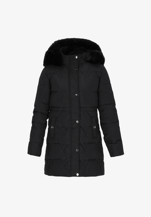 Veste noire rembourrée avec une capuche en fausse fourrure, fermetures à pression à l'avant et poches latérales, avec un texture matelassée sur l'ensemble.