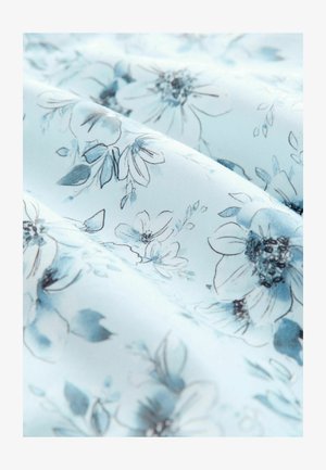 Light blue fabric with a floral pattern featuring white and gray flowers, accented with green leaves. Soft, smooth texture.