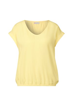 Gelbes kurzärmliges Oberteil mit V-Ausschnitt und gerafftem elastischem Saum. Hergestellt aus glattem Stoff, mit einem lässigen, lockeren Schnitt.