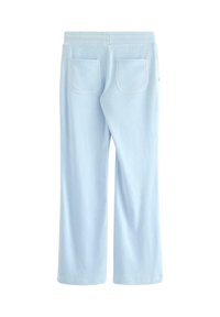 Jasnoniebieskie miękkie spodnie z tkaniny o szerokich nogawkach, wyposażone w dwie tylne kieszenie oraz wygodny elastyczny pas.