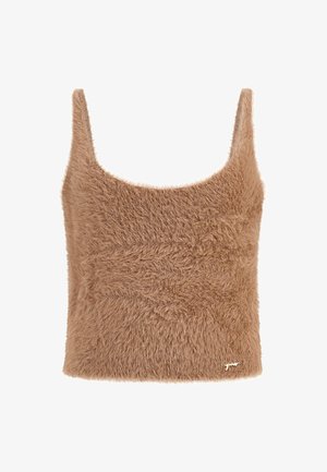 Top sans manches en fausse fourrure de couleur brun clair, décolleté carré, texture douce avec un léger brillant, mettant en avant un petit logo sur l'ourlet.
