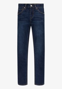 Mörkblå jeans i denim, med fem fickor, zip-fly och kontrasterande sömmar längs kanterna för extra detalj.