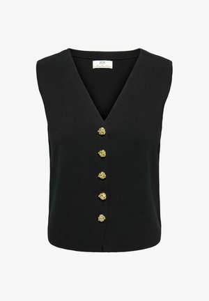 Gilet noir sans manches en tricot avec col en V, cinq boutons dorés texturés sur le devant et une petite étiquette à l’intérieur du col.