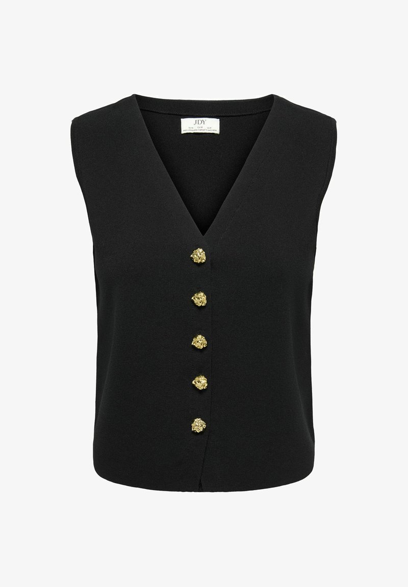 Gilet noir sans manches en tricot avec col en V, cinq boutons dorés texturés sur le devant et une petite étiquette à l’intérieur du col.