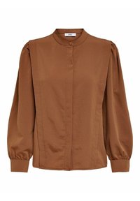 Braune Bluse mit hohem Kragen, Knopfverschluss, langen voluminösen Ärmeln und vertikalen Nähten, gefertigt aus glattem Stoff.
