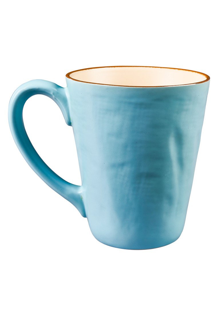 Ceramiczny kubek w jasnoniebieskim kolorze o gładkim wykończeniu, z zaokrągloną rączką i złotym wykończeniem na krawędzi. Lekko zwężająca się forma.