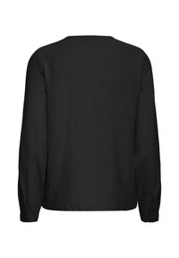 Schwarzes Langarmshirt mit Rundhalsausschnitt, strukturiertem Stoff und Knopfdetails an den Bündchen. Die Rückansicht zeigt ein sauberes, schlichtes Design.