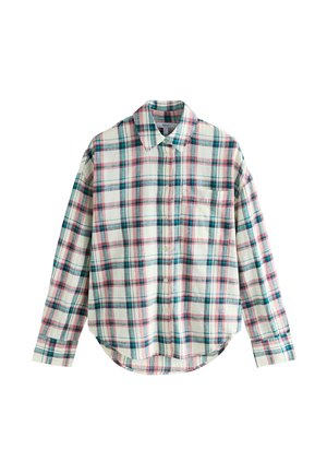 Long-sleeve button-up shirt with teal, pink, and black plaid pattern and front chest pocket on white background.