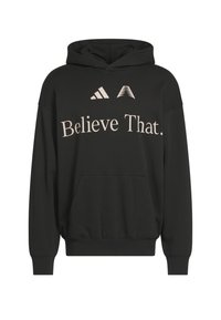 Schwarzer Hoodie aus Baumwollmischgewebe mit dem Text "Glaub daran!" in Cremefarbe, Kängurutasche sowie gerippten Bündchen und Saum.