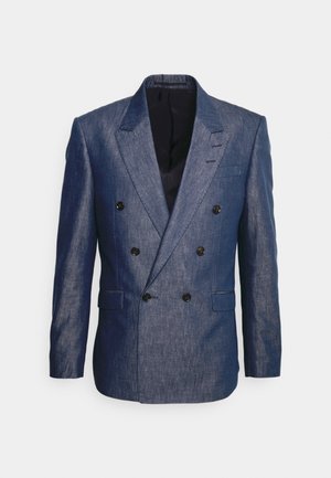 Doppeltknopf-Blazer für Herren in Marineblau mit sechs schwarzen Knöpfen, Reverskragen, vorderen Klappentaschen und einer Brusttasche mit Paspel, auf einem weißen Hintergrund präsentiert.