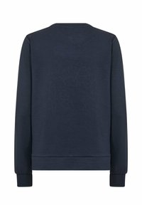 Marineblauwe sweatshirt met lange mouwen, ronde hals en een subtiel bloemenpatroon op de achterkant. Gemaakt van zacht materiaal.