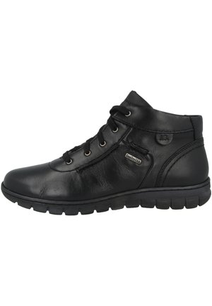 Des bottes noires en cuir montantes présentent un design à lacets, un orteil arrondi, des accents cousus et une semelle en caoutchouc texturé pour l'adhérence et la durabilité.
