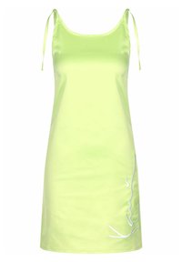 Rochie fără mâneci, de culoare verde neon, cu bretele subțiri ajustabile și detaliu grafic alb pe partea inferioară, fabricată dintr-un material neted și ușor.