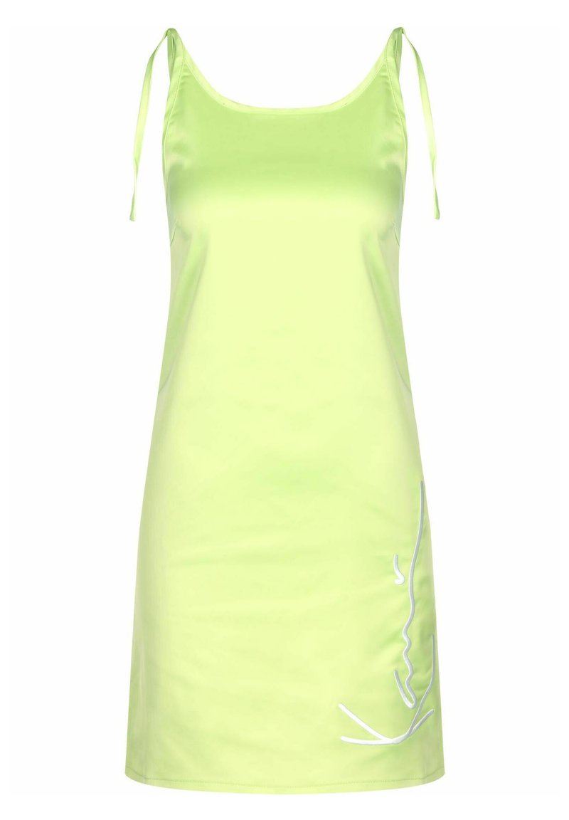 Rochie fără mâneci, de culoare verde neon, cu bretele subțiri ajustabile și detaliu grafic alb pe partea inferioară, fabricată dintr-un material neted și ușor.