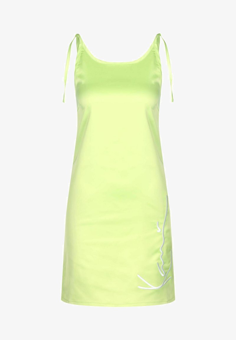 Rochie fără mâneci, de culoare verde neon, cu bretele subțiri ajustabile și detaliu grafic alb pe partea inferioară, fabricată dintr-un material neted și ușor.