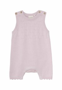 Ljust rosa stickad jumpsuit med ett texturerat mönster, vågig nederkant och knappdetaljer på axlarna. Mjuk tyg med ärmlös design.
