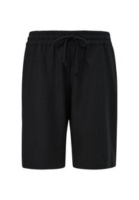 Pantaloni neri realizzati in tessuto leggero, caratterizzati da una vita elastica con cordoncino per la regolazione e un design a taglio dritto.