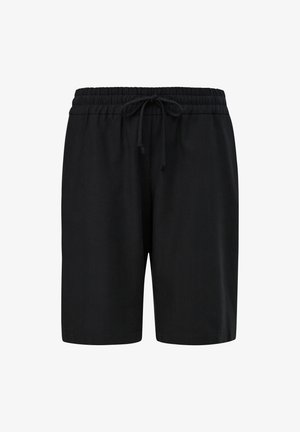 Shorts noirs en tissu léger, dotés d'une taille élastique avec cordon de serrage pour un ajustement, et d'une coupe droite.