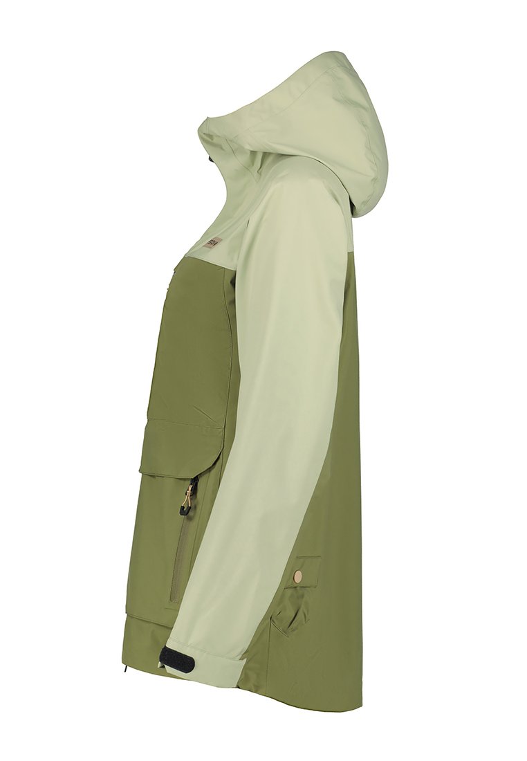 Hoodie mit einem hellgrünen oberen Teil und einem olivgrünen unteren Abschnitt. Verfügt über Taschen, Reißverschlüsse und einen glatten, wasserabweisenden Stoff.