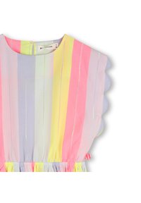 Πολύχρωμο ριγέ φόρεμα με παστέλ αποχρώσεις ροζ, κίτρινου και λεβάντας. Μαλακό ύφασμ α με κυματιστές άκρες στα μανίκια και ελαστική μέση.