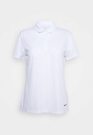 Wit poloshirt met korte mouwen, kraag en knoopsluiting, met een klein zwart Nike-logo vlak bij de onderzoom.