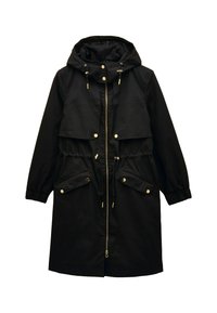 Čierna parka s predným zipsom, kapucňou na šnúrku, dvoma veľkými prednými vreckami a zlatým kovovým príslušenstvom. Má stiahnutý pás a elastické manžety.
