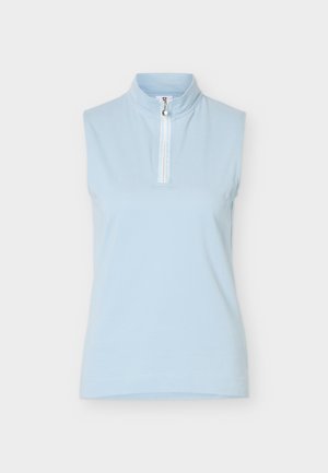 Top fără mâneci albastru deschis pentru femei, cu guler drept și fermoar scurt frontal cu tab rotund de tragere.