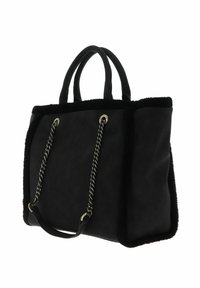 Sac fourre-tout noir avec une bordure douce et texturée. Comprend des accents en chaîne argentée et deux poignées solides. Fabriqué en similicuir.