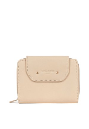 Beige leather wallet with front flap secured by two gold studs and a zipper on the side, embossed with "HEXAGONA PARIS."