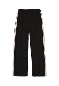 Schwarze Sporthose mit elastischem Bund, ausgestattet mit rosa Seitenstreifen und weitem Bein. Hergestellt aus weichem, dehnbarem Stoff.