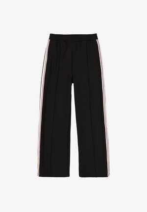 Pantalones deportivos negros con una cintura elástica, con rayas laterales rosas y un diseño de pierna ancha. Hechos de una tela suave y elástica.