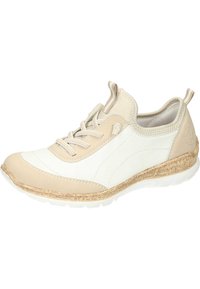 Beige and white athletic shoe with textured leather, a rounded toe, and a cork-accented sole. Features elastic laces and a rear pull tab.