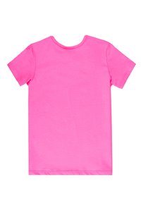 T-shirt a maniche corte in cotone rosa brillante, con scollatura rotonda e texture liscia. Senza ulteriori motivi o dettagli.