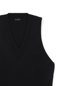 Maglione senza maniche nero con scollatura a V profonda, realizzato in morbido tessuto a maglia. Presenta una trama liscia e un'etichetta con la scritta "CALLIOPE XS."