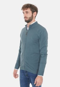 Uomo con barba che indossa un maglione blu con zip e jeans blu, in piedi di lato su uno sfondo bianco.