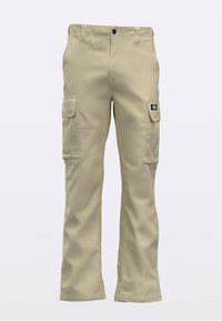 Beige cargobukser lavet af slidstærkt stof, med to sidelommer, lige ben og enkelt knaplukning.