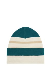 Beanie in teal, crème en beige. Heeft horizontale strepen en een omgeslagen manchet. Gemaakt van zachte, gestructureerde breimateriaal.