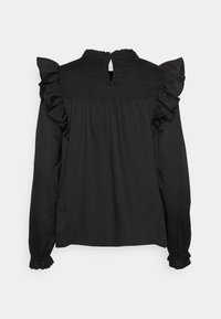 Blusa nera a maniche lunghe con dettagli a volant e scollatura a goccia sul retro. Presenta un collo smock e polsini aderenti con bordo a volant. Tessuto morbido.
