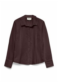Chemise bordeaux à manches longues, boutonnée, en tissu lisse avec un col pointu et une coupe décontractée, dotée d'une patte de boutonnage et de poignets.