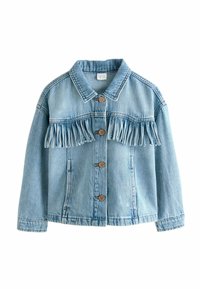 Hellblaues Denim-Jackett mit fransigem Vorderdetail, klassischem Kragen und Knopfverschluss. Lange Ärmel mit Manschettenabschlüssen.