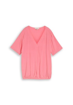 Blouse rose à manches courtes avec col en V et ourlet élastique froncé, confectionnée dans un tissu lisse et léger.