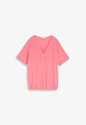 Blouse rose à manches courtes avec col en V et ourlet élastique froncé, confectionnée dans un tissu lisse et léger.